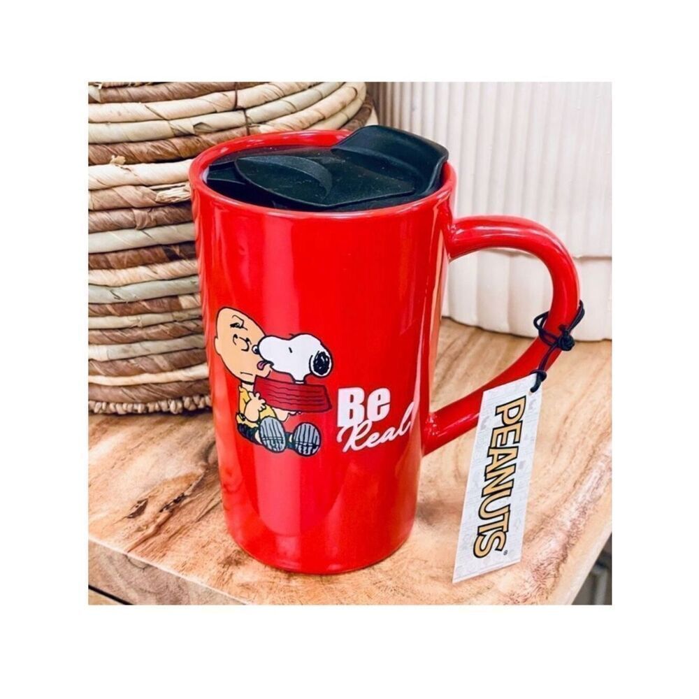 NWT Peanuts Snoopy Red Stoneware Inspirational Be Real Tall Travel Mug with Lid